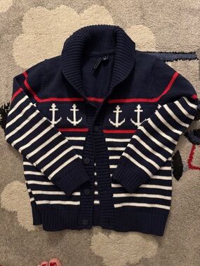 Janie and Jack Navy, White & Red Anchor Shawl-Collar Cardigan